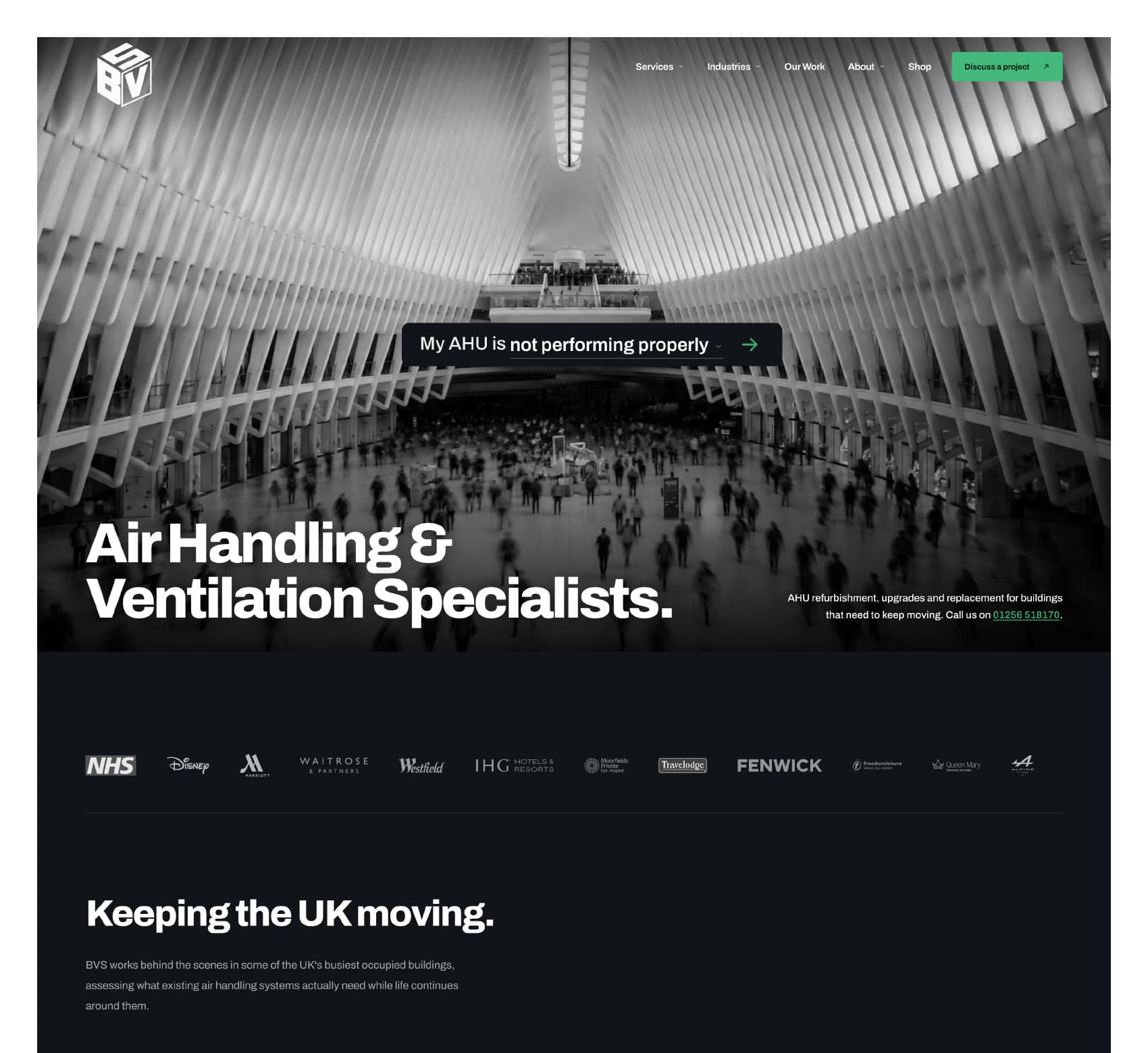 Redesigned BVS homepage hero: black-and-white motion photography of a moving crowd inside a transit hall, with a situation-led search prompt over it