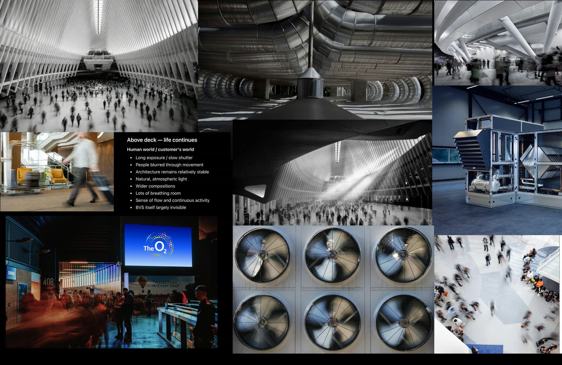 Final direction moodboard, titled Above deck, life continues: long exposure photography of people blurred in motion through stable architecture, paired with AHU fan and plant photography