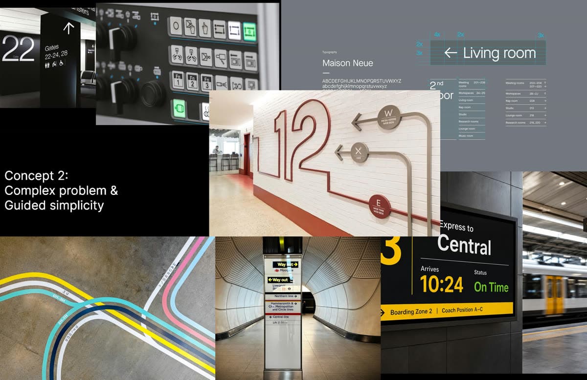 Moodboard: Complex Problem and Guided Simplicity. Wayfinding signage, transit information and clear directional systems
