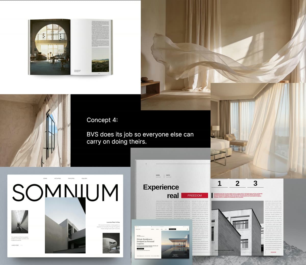 Moodboard: Concept 4, BVS does its job so everyone else can carry on doing theirs. Soft hospitality interiors, natural light and fabric in motion