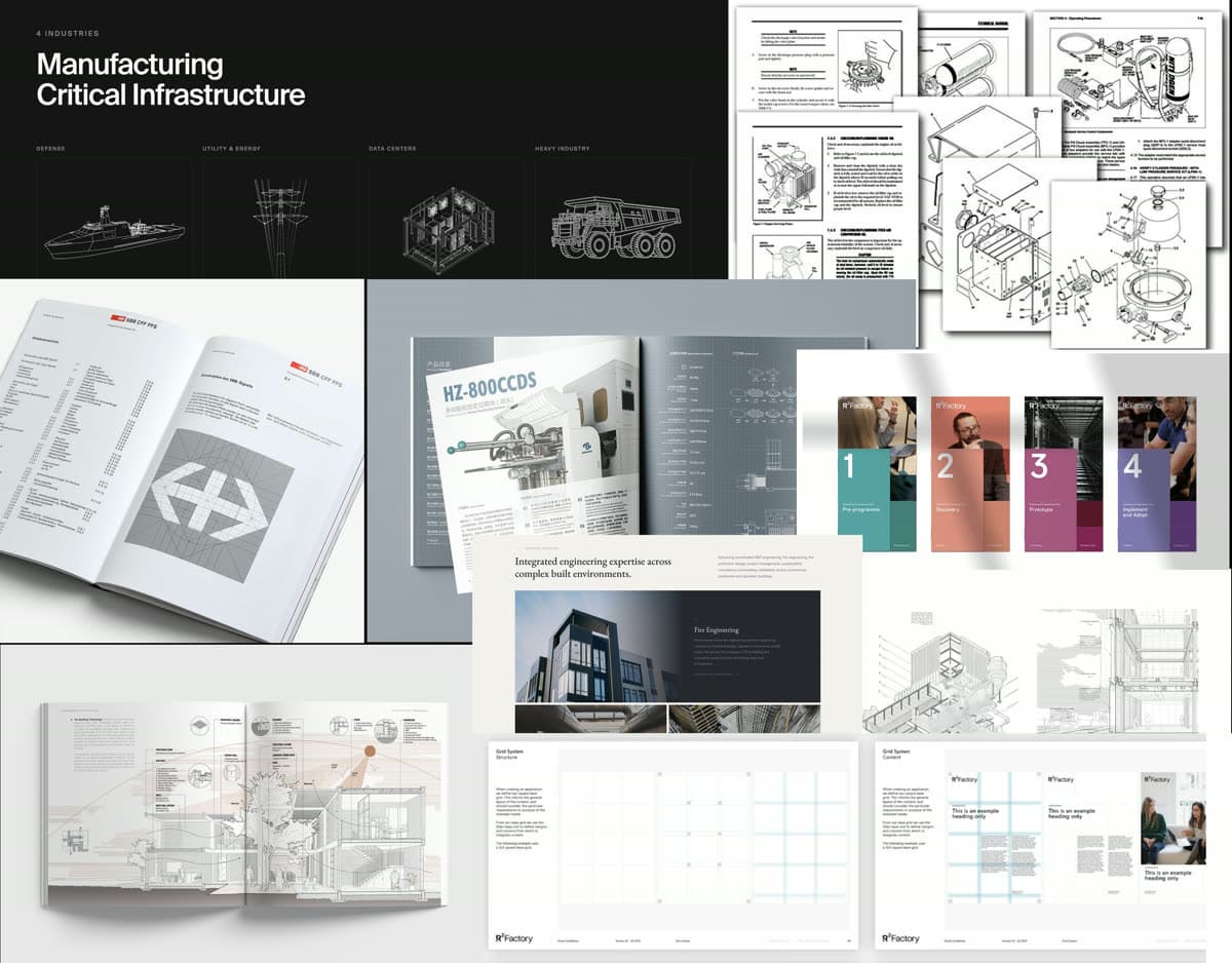 Moodboard: Manufacturing, Critical Infrastructure. Technical manuals, engineering diagrams and industrial brand books