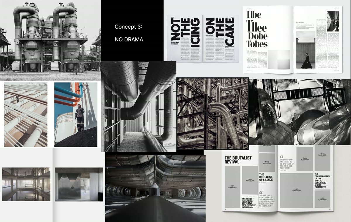 Moodboard: Concept 3, No Drama. Raw black-and-white industrial photography of plant, pipework and structure