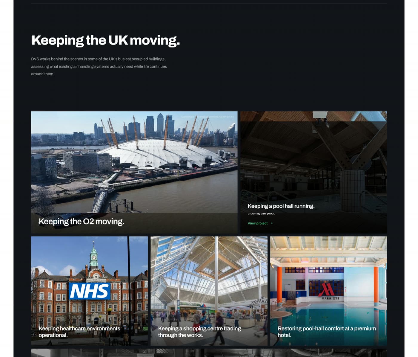 Full places section of the redesigned homepage: the Keeping the UK moving intro, a large O2 arena and pool-hall pair, then the Keeping the O2 moving heading with NHS, shopping centre and hotel case tiles