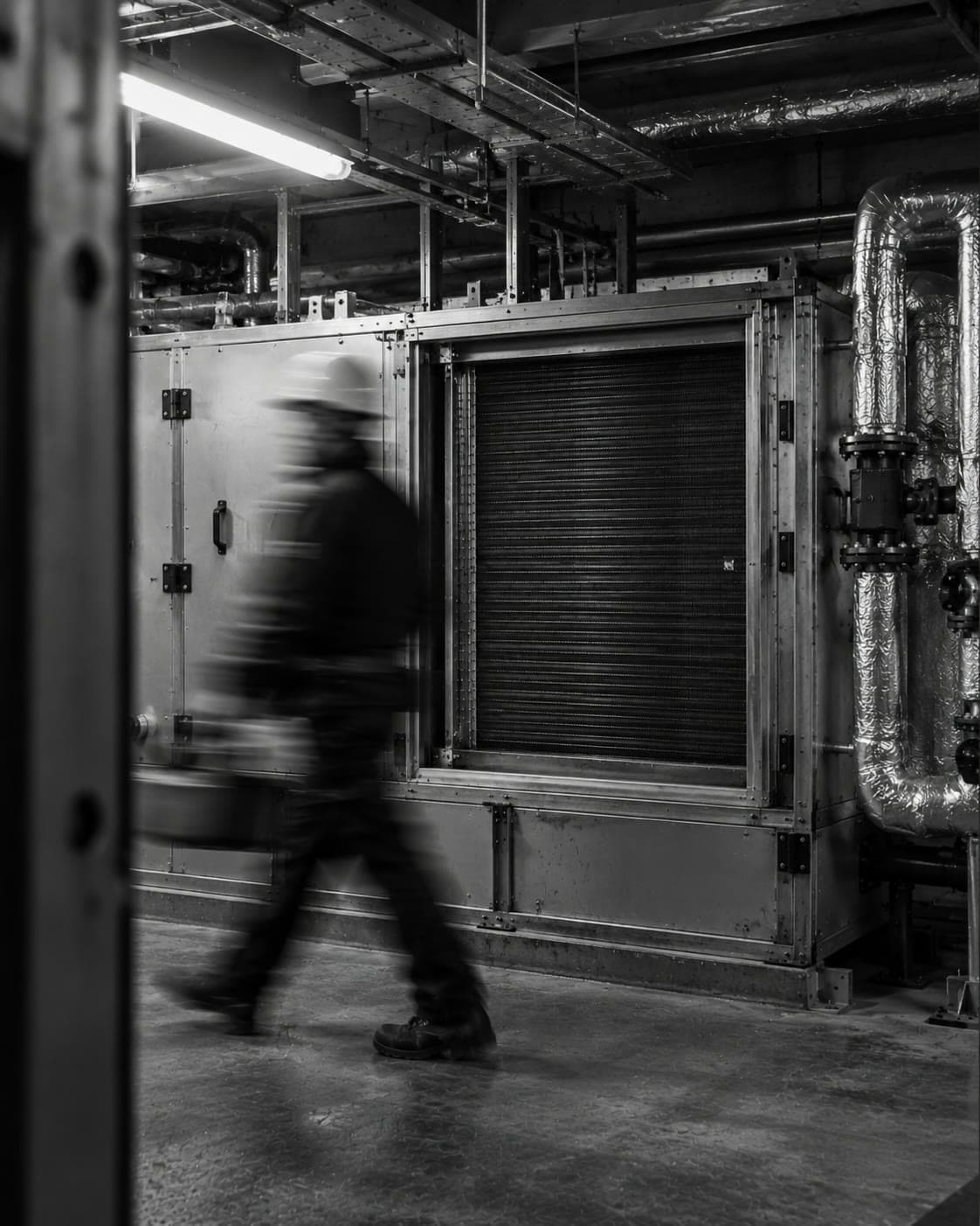 Reference photograph: an AHU filter unit with a technician walking past in motion blur