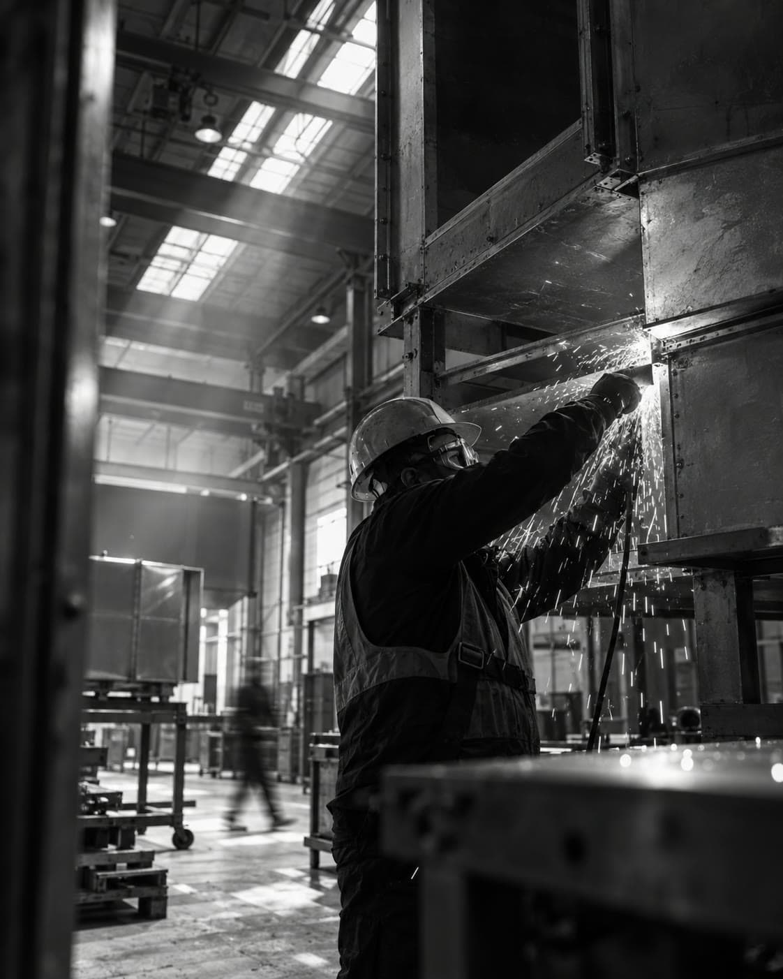Reference photograph: fabrication of ductwork with welding sparks and a figure blurred in the background