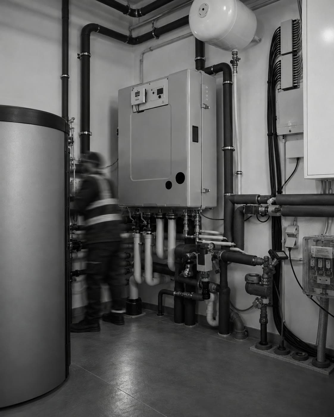 Reference photograph: a plant room boiler and pipework with a technician blurred in motion