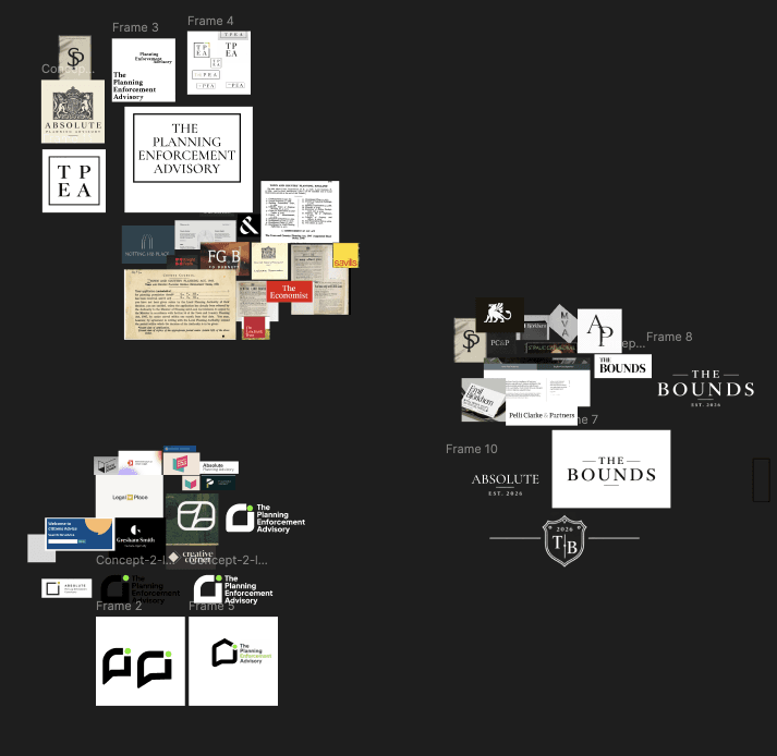 Reference research into professional, legal and editorial identities, and early wordmark tests