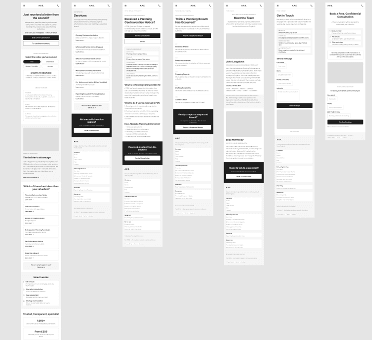 Early low-fidelity Planning Enforcement Advisory wireframes